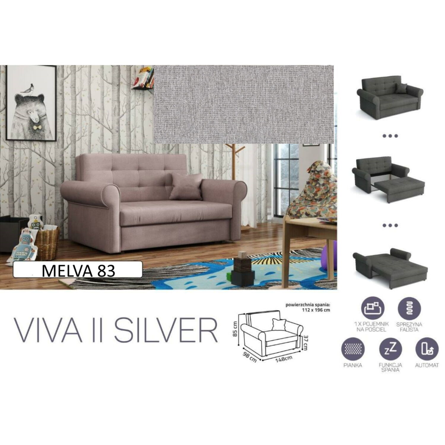 VIVA SILVER II. előre nyíló rugós kanapé