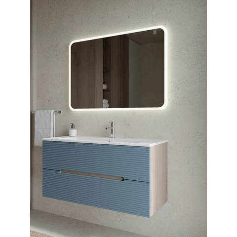 Iris 100cm-es 2 fiókos fürdőszobaszekrény zöld/természetesen tölgy + mosdó