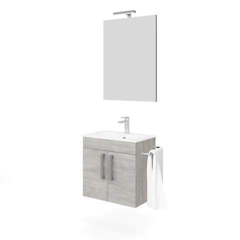 Zaffiro 60cm-es két ajtós fürdőszobaszekrény szürke tölgy + mosdó