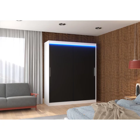 LED világítással ellátott tolóajtós szekrény LINCOLN 180, Fehér, Fekete