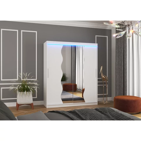 Tolóajtós szekrény tükörrel és LED világítással KANSAS 180, Fehér, Fehér