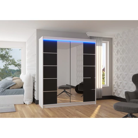 Tolóajtós szekrény tükörrel és LED világítással TRAVES 180, White, Black
