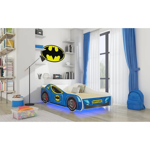 LED BATCAR matraccal és világítással 140x70 ágy, Kék