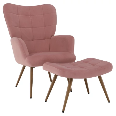 Fotel lábtartóval, rózsaszín Velvet szövet/tölgy, HABEN