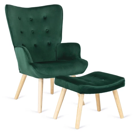 LOZANO Lounge Fotel Lábtartóval, Zöld Bársony
